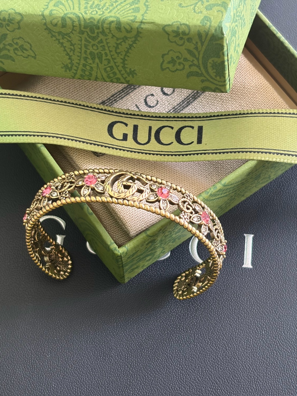 Gucci Gold Floral Cuff Bracelet with Pink Stones
